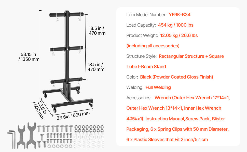 VEVOR Weight Plate Rack Standard Weight Plate Tree with Wheels 1000 lbs Load Capacity Home Gym Barbell Rack Storage Stand