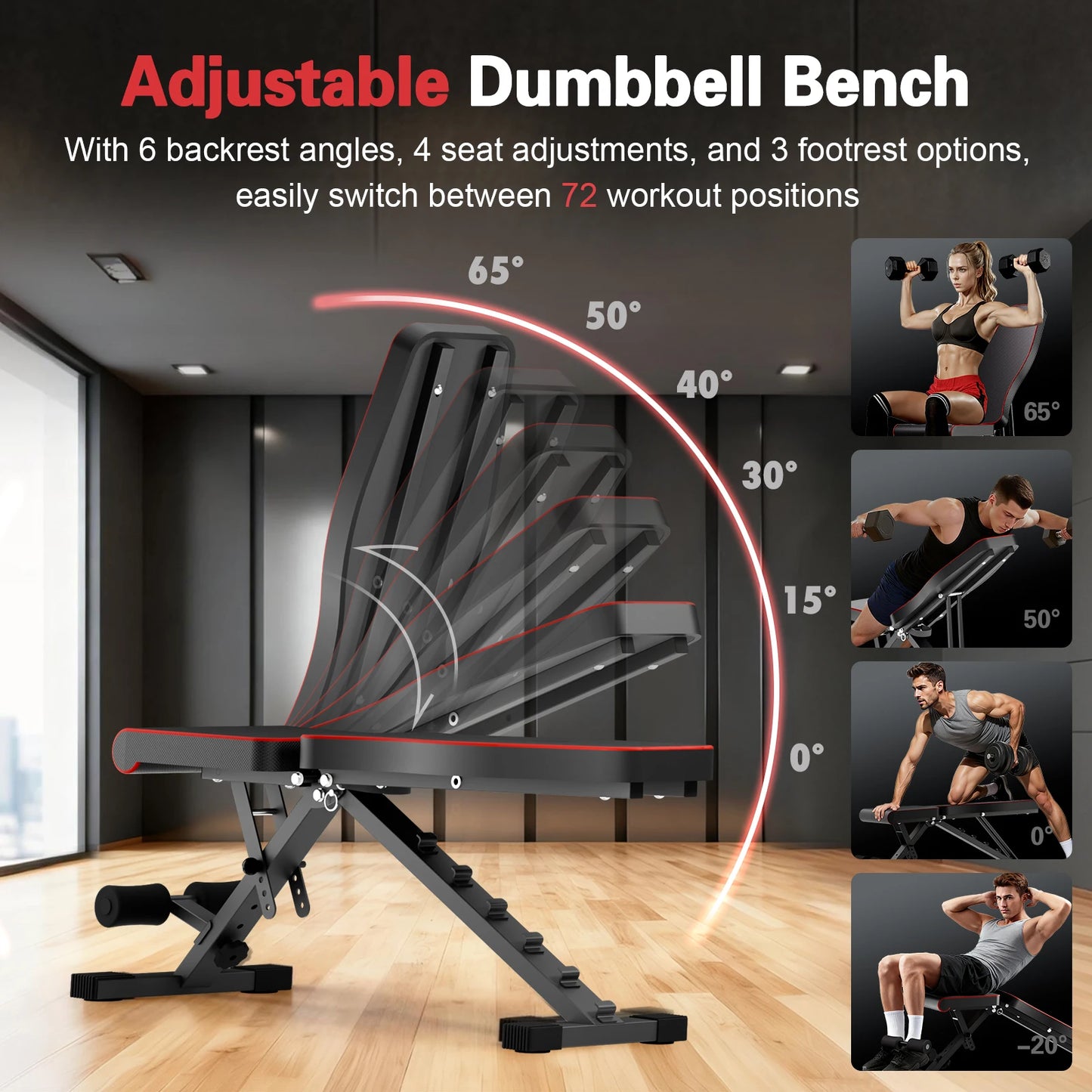 Multifunctional Dumbbell Bench Adjustable Foldable Weight Bench Abdominal Waist Fitness 660LBS Capacity for Home Gym 6-Position Backrest 72 Workout Angles for Full Body Workout Strength Training