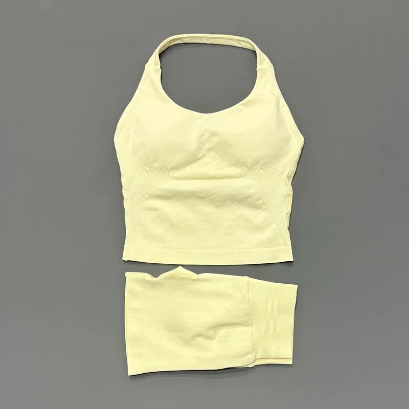 2 Pic Histello Sports Set Women Neck Halter Shockproof Longline Strappy Top Workout Scrunch Shorts Sets Fitness Clothes Gym Suit