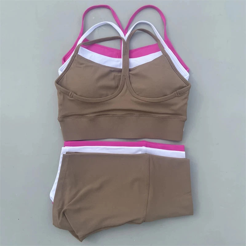 Solid Color gym bike Yoga Set short Legging +cross Y sport bra Tracksuit  Athletic Women Gym Suit Comprehensive Training Jogging