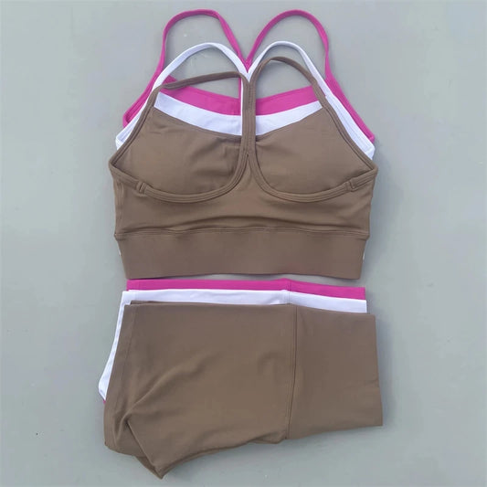 Solid Color gym bike Yoga Set short Legging +cross Y sport bra Tracksuit  Athletic Women Gym Suit Comprehensive Training Jogging
