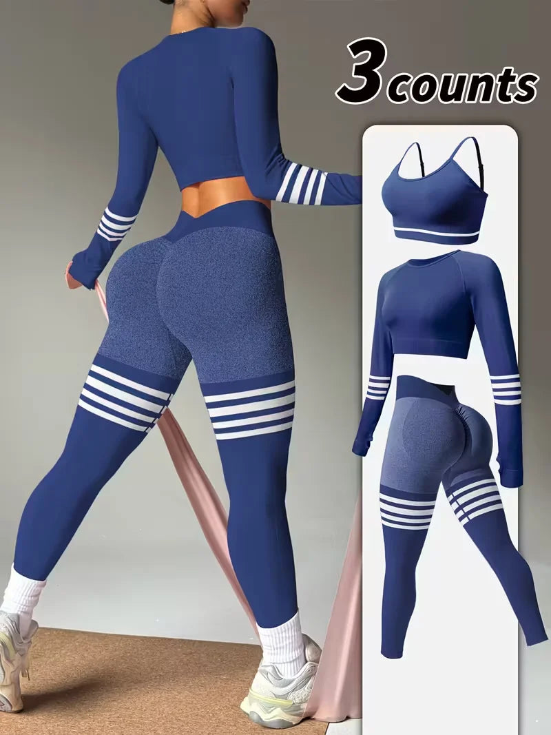 3-Piece Women's Y2K Striped Tracksuit: Crop Top+Leggings+Bra, Slim Gym/Streetwear