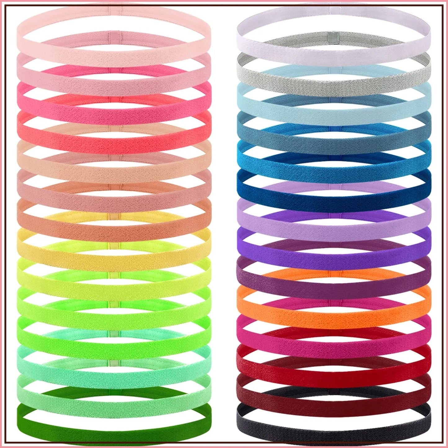 28 Non-Slip Elastic Headbands, 28 Colors, 1cm Wide, Silicone Grip for Sports, Yoga, Running