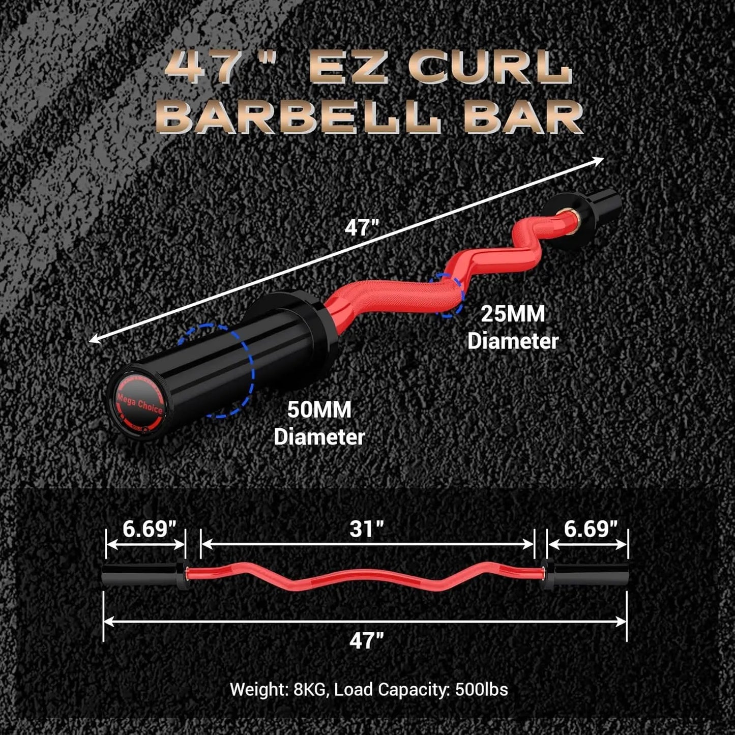 Barbell Bar for Weightlifting Powerlifting - 4FT Short (500LB) 47" EZ Curl Bar - Fits 2" Plates - Home Gym Strength Training
