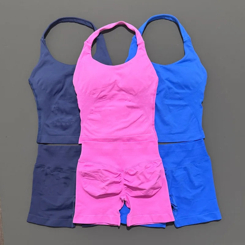 2 Pic Histello Sports Set Women Neck Halter Shockproof Longline Strappy Top Workout Scrunch Shorts Sets Fitness Clothes Gym Suit