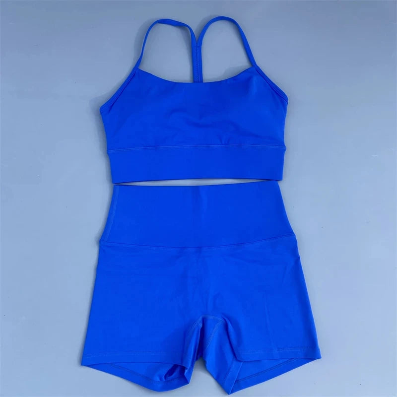 Solid Color gym bike Yoga Set short Legging +cross Y sport bra Tracksuit  Athletic Women Gym Suit Comprehensive Training Jogging