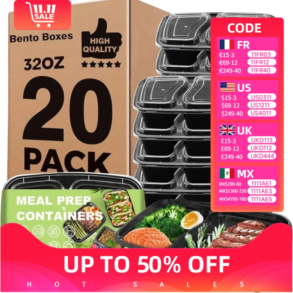20PCS Takeaway Lunch Box with 2-pocket LidTravel Lunch BoxDisposable Bento BoxMicrowave/Dishwasher/Freezer Safe