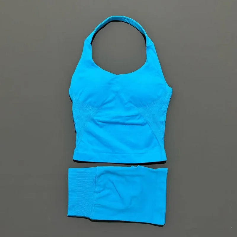 2 Pic Histello Sports Set Women Neck Halter Shockproof Longline Strappy Top Workout Scrunch Shorts Sets Fitness Clothes Gym Suit