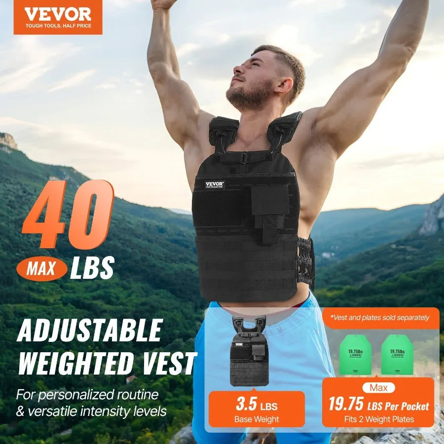 40lb Adjustable Weighted Vest for Men Women Black Fitness Training Jacket for Strength Endurance Running Jogging Walking Workou