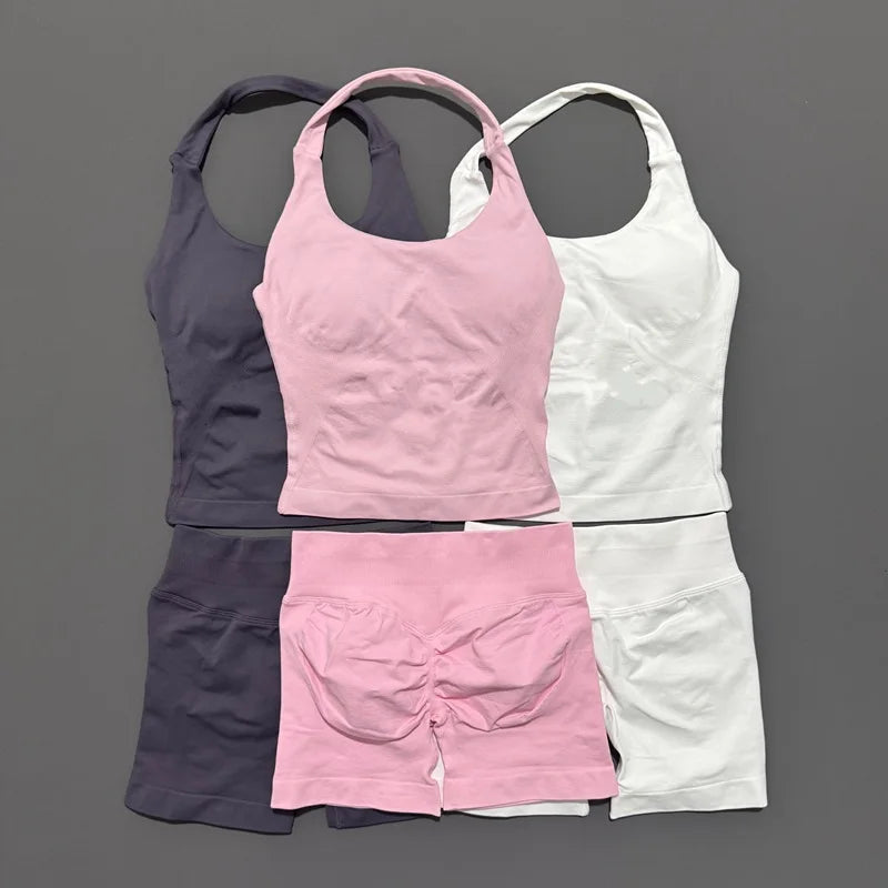 2 Pic Histello Sports Set Women Neck Halter Shockproof Longline Strappy Top Workout Scrunch Shorts Sets Fitness Clothes Gym Suit