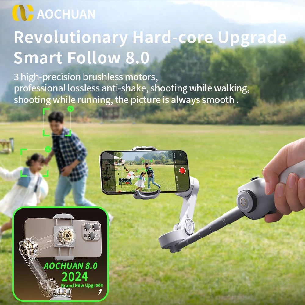 AOCHUAN Smart V8 3-Axis Handheld Gimbal Phone Stabilizer with Extension Rod Tripod Face Tracking for iPhone Android Tiktok Vlog