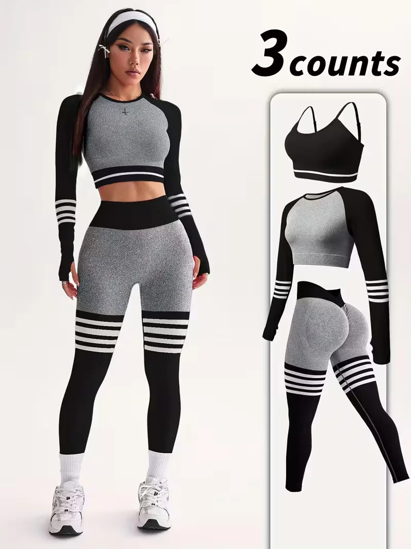 3-Piece Women's Y2K Striped Tracksuit: Crop Top+Leggings+Bra, Slim Gym/Streetwear