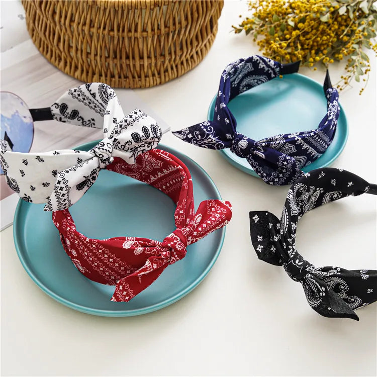 Fashion Cotton Cashew Flowers Printing Soft Wide Hairhoop Hair Accessories for Women Casual Bow Cross Ethnic Headband 2030