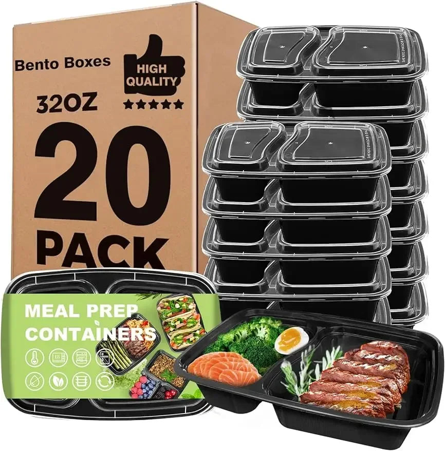 20PCS Takeaway Lunch Box with 2-pocket LidTravel Lunch BoxDisposable Bento BoxMicrowave/Dishwasher/Freezer Safe
