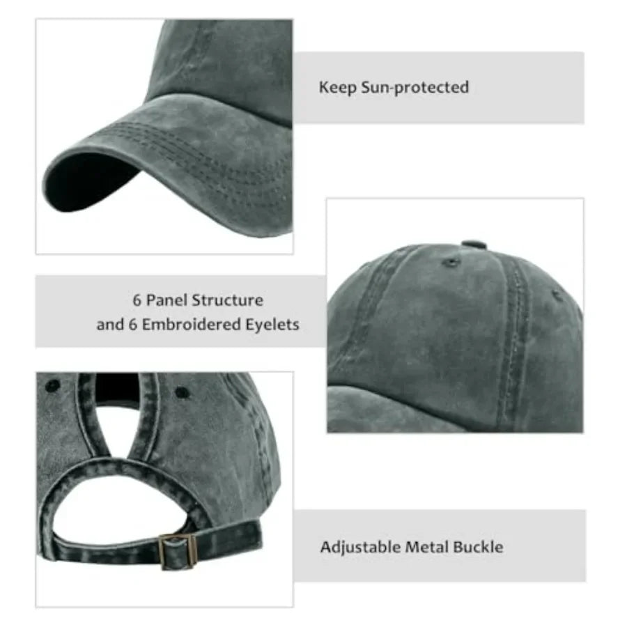 Womens Vintage Washed Distressed Baseball-Cap with Ponytail Hole Sport Golf Hat