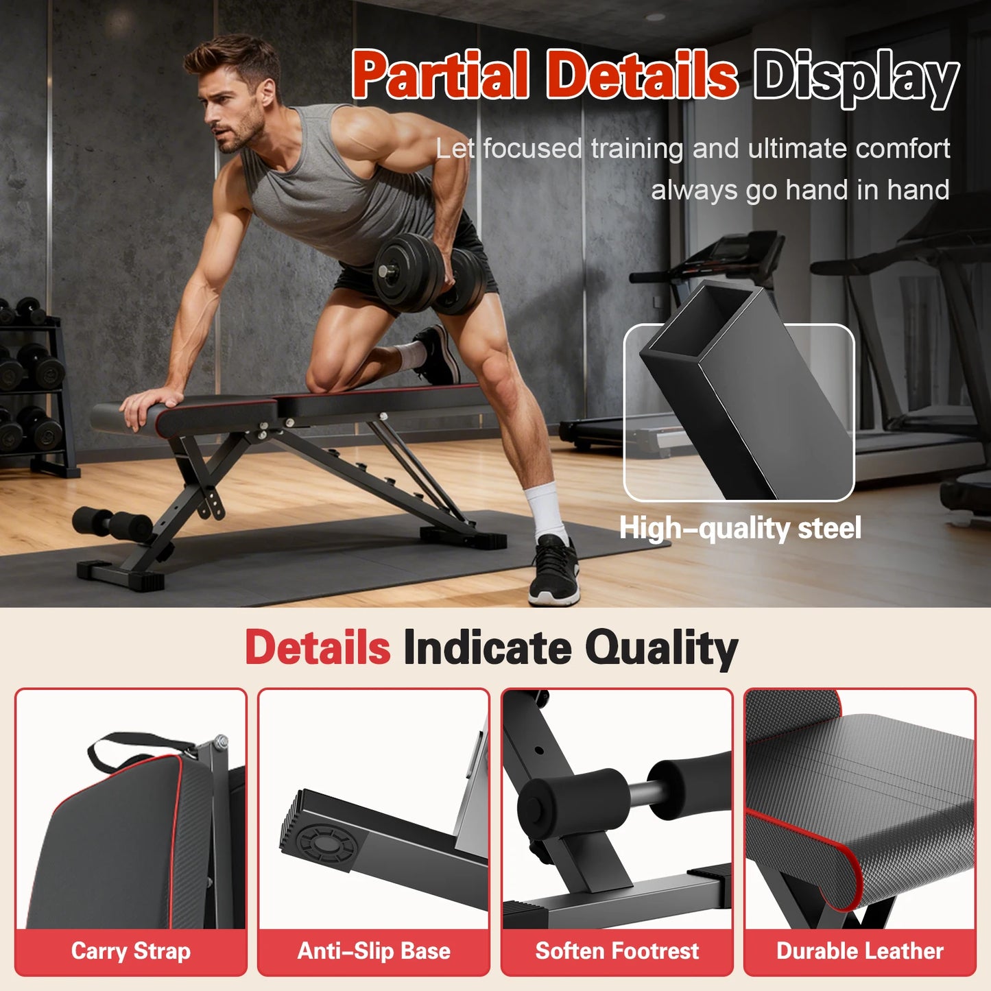 Multifunctional Dumbbell Bench Adjustable Foldable Weight Bench Abdominal Waist Fitness 660LBS Capacity for Home Gym 6-Position Backrest 72 Workout Angles for Full Body Workout Strength Training