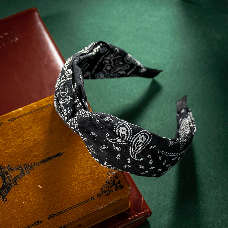 Fashion Cotton Cashew Flowers Printing Soft Wide Hairhoop Hair Accessories for Women Casual Bow Cross Ethnic Headband 2030