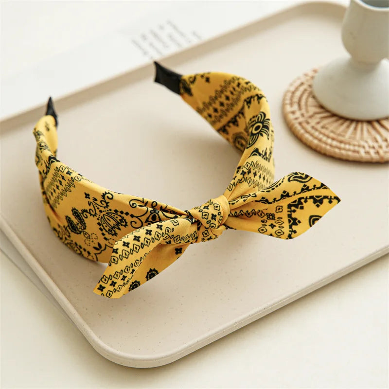 Fashion Cotton Cashew Flowers Printing Soft Wide Hairhoop Hair Accessories for Women Casual Bow Cross Ethnic Headband 2030