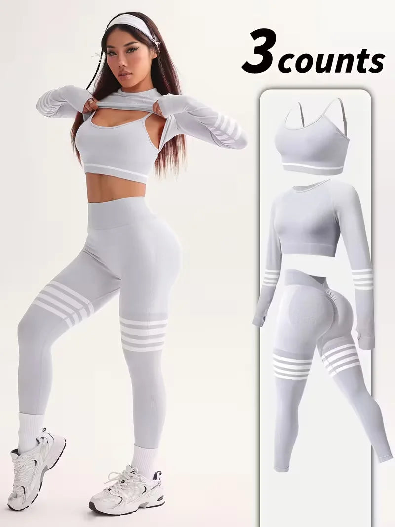 3-Piece Women's Y2K Striped Tracksuit: Crop Top+Leggings+Bra, Slim Gym/Streetwear