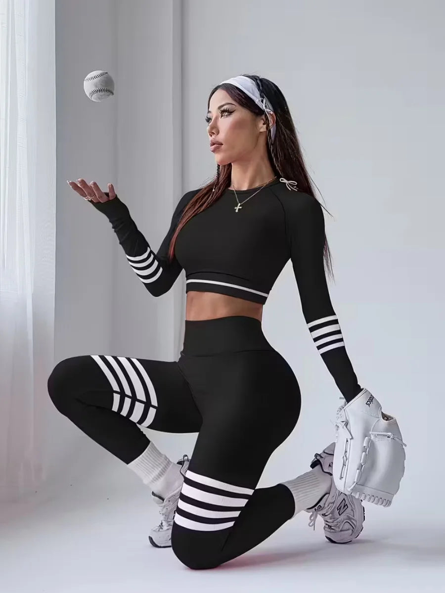 3-Piece Women's Y2K Striped Tracksuit: Crop Top+Leggings+Bra, Slim Gym/Streetwear