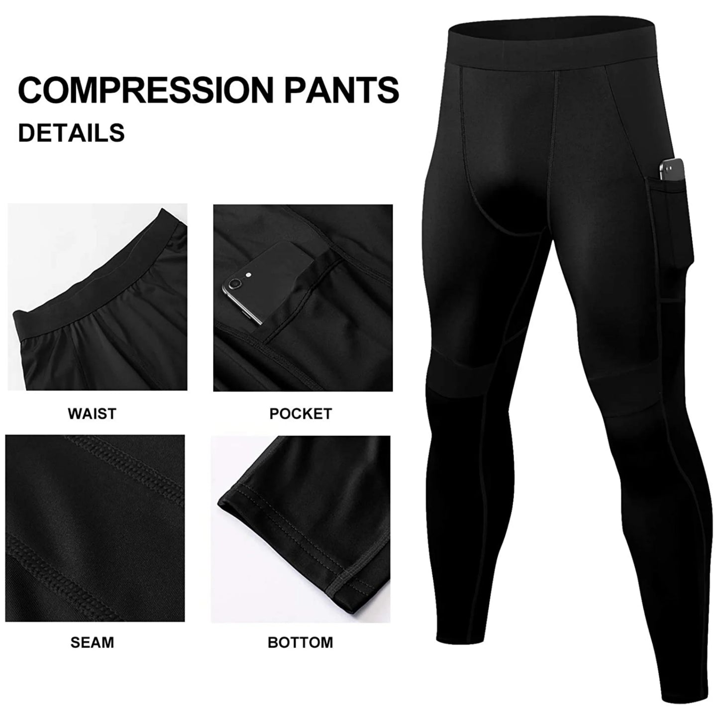 Mens Compression Pants with Pockets Workout Leggings Running Tights Cool Dry Athletic Sports Gym Baselayer