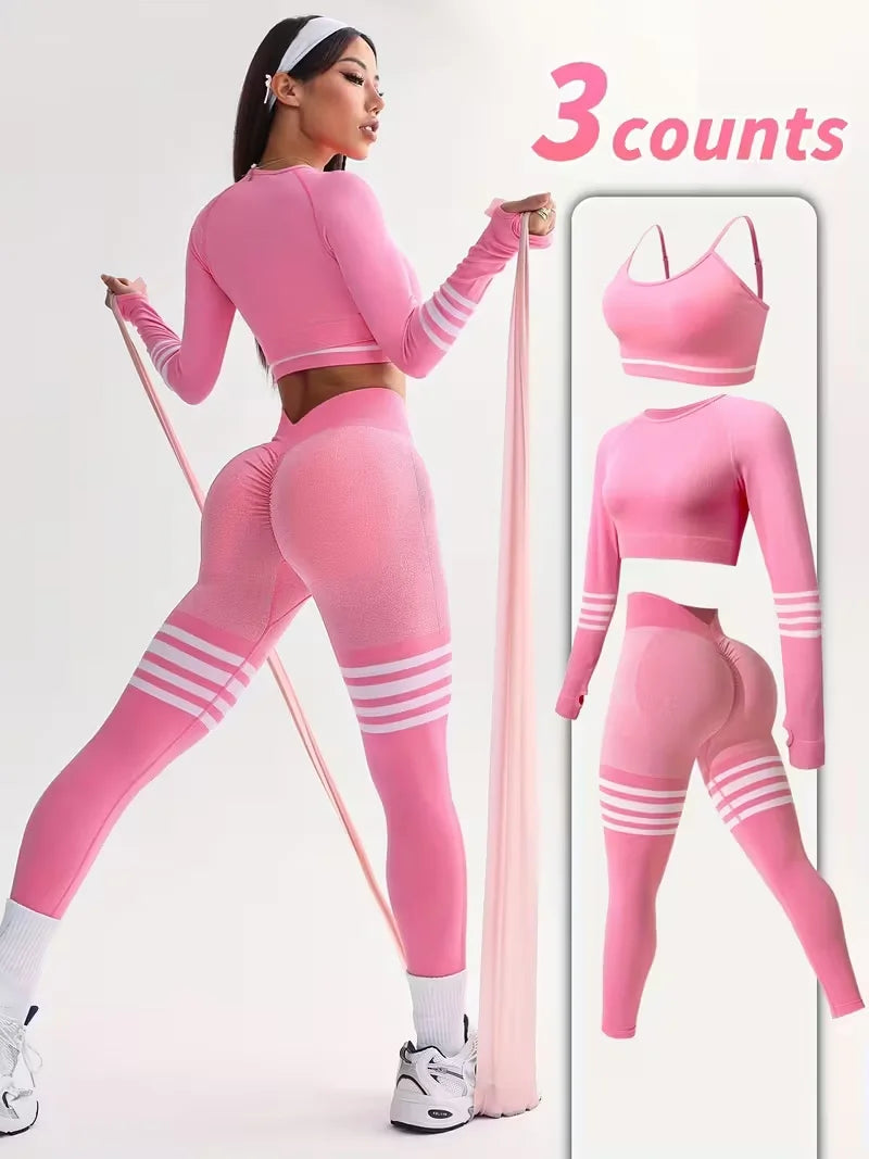 3-Piece Women's Y2K Striped Tracksuit: Crop Top+Leggings+Bra, Slim Gym/Streetwear