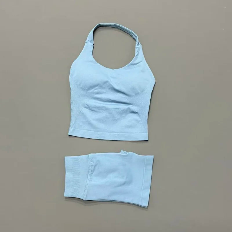 2 Pic Histello Sports Set Women Neck Halter Shockproof Longline Strappy Top Workout Scrunch Shorts Sets Fitness Clothes Gym Suit