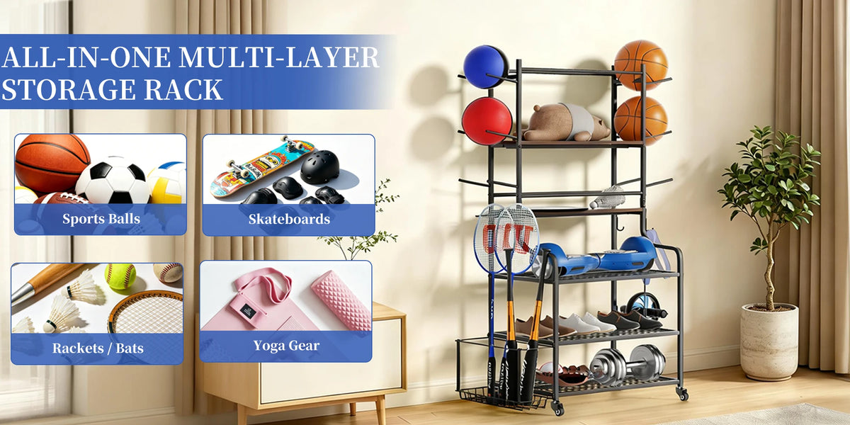 Yoga Mat Storage Rack Home Gym Storage Rack on Wheels Gym Organizer Equipment Storage for Home Exercise and Fitness Gear