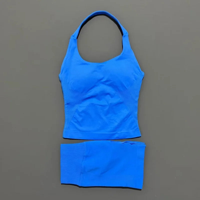 2 Pic Histello Sports Set Women Neck Halter Shockproof Longline Strappy Top Workout Scrunch Shorts Sets Fitness Clothes Gym Suit