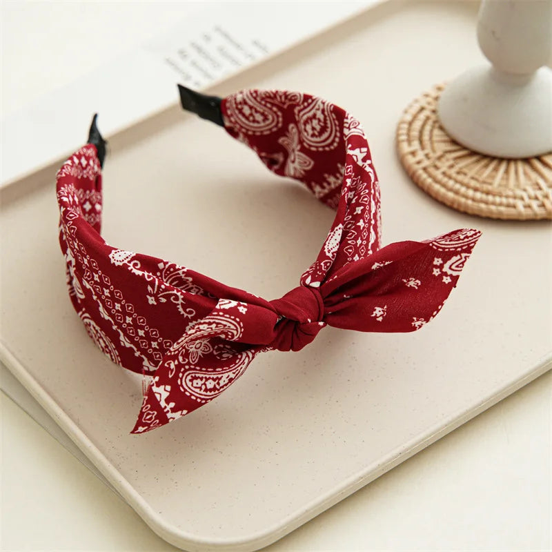 Fashion Cotton Cashew Flowers Printing Soft Wide Hairhoop Hair Accessories for Women Casual Bow Cross Ethnic Headband 2030