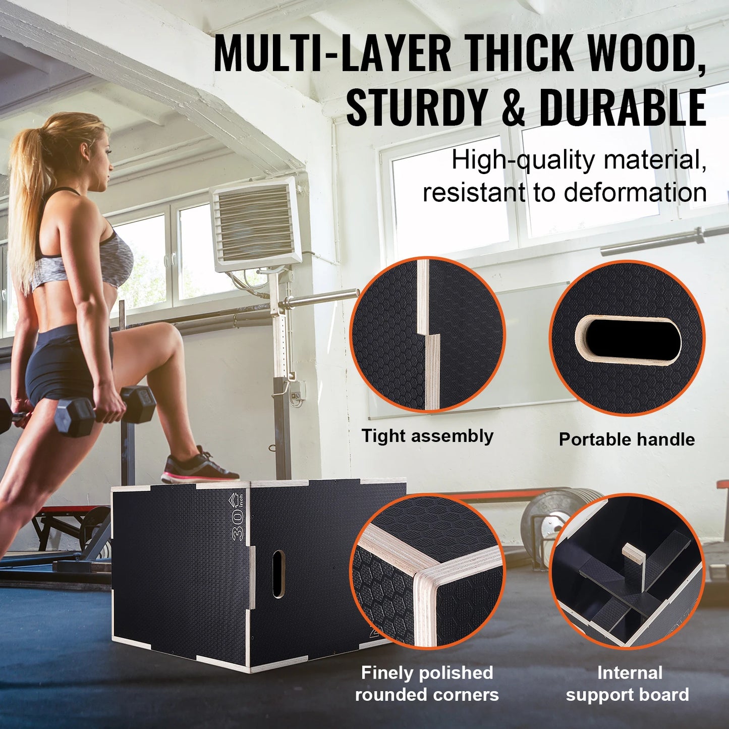 VEVOR 3 in 1 Plyometric Jump Box Wooden Plyo Box Black, Anti-Slip Surface for Home Gym Training Conditioning Strength Training