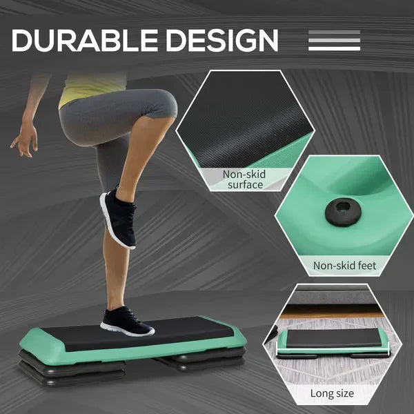 43' Adjustable AeroPlatform Stepper, 3-Level with Risers, 4'6'8', Black/Green, Cardio Fitness Step for Home Gym