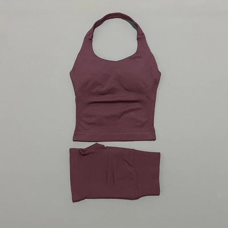 2 Pic Histello Sports Set Women Neck Halter Shockproof Longline Strappy Top Workout Scrunch Shorts Sets Fitness Clothes Gym Suit