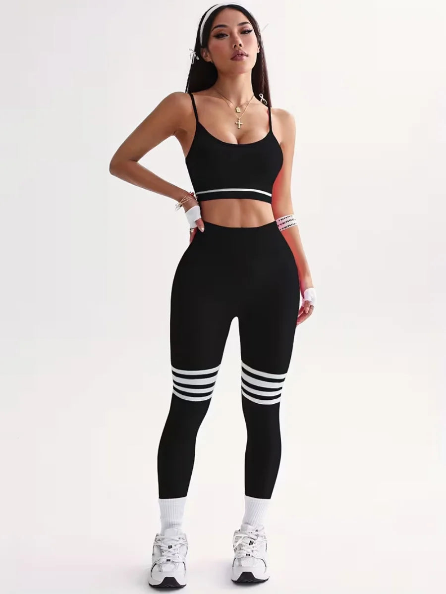 3-Piece Women's Y2K Striped Tracksuit: Crop Top+Leggings+Bra, Slim Gym/Streetwear