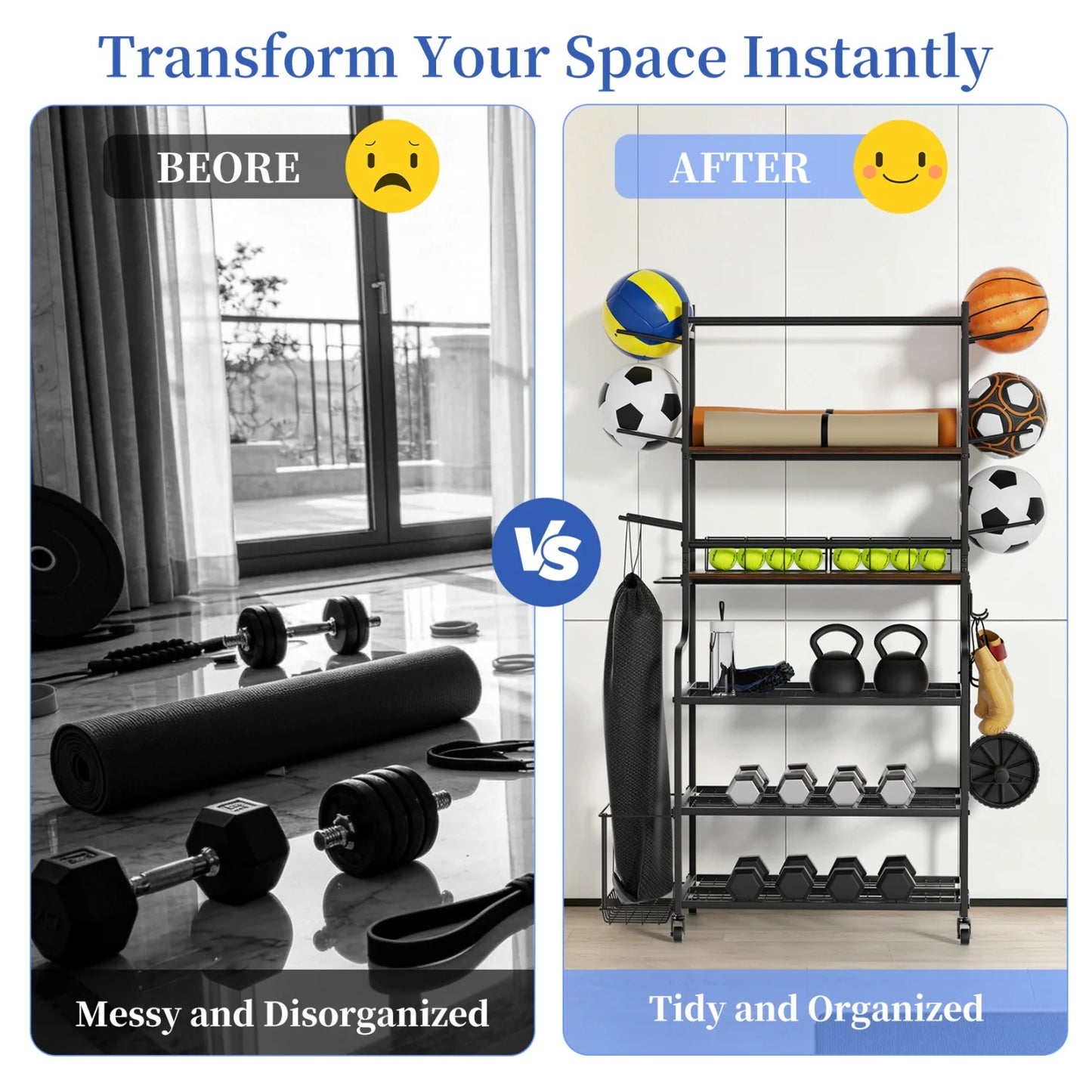 Yoga Mat Storage Rack Home Gym Storage Rack on Wheels Gym Organizer Equipment Storage for Home Exercise and Fitness Gear