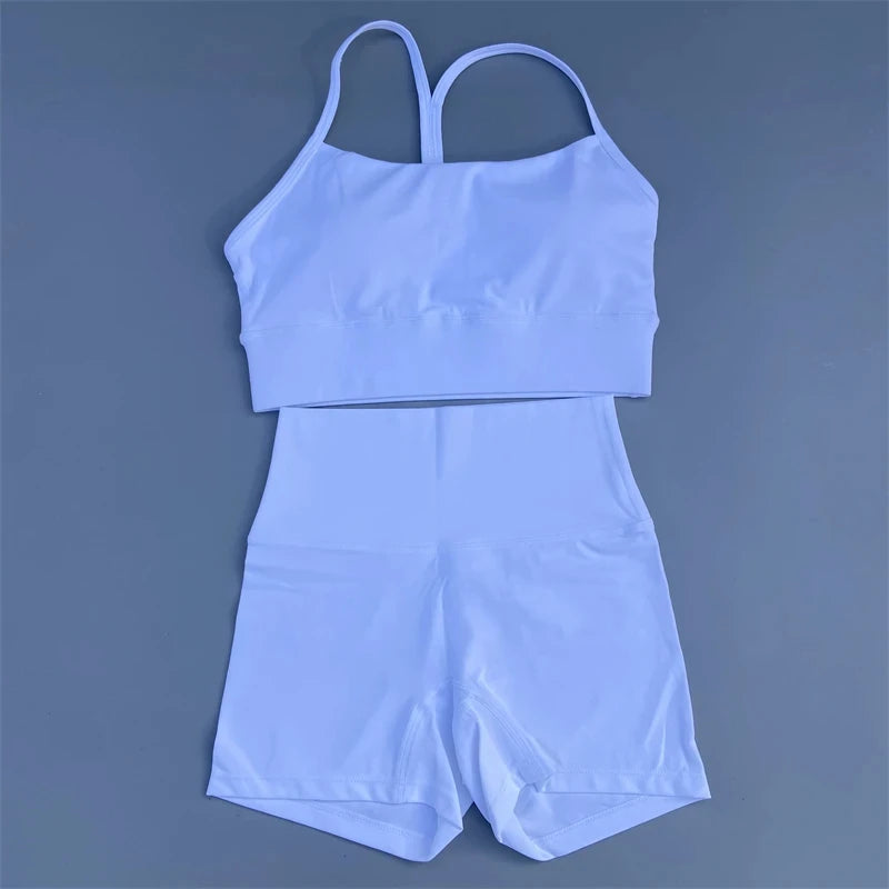 Solid Color gym bike Yoga Set short Legging +cross Y sport bra Tracksuit  Athletic Women Gym Suit Comprehensive Training Jogging