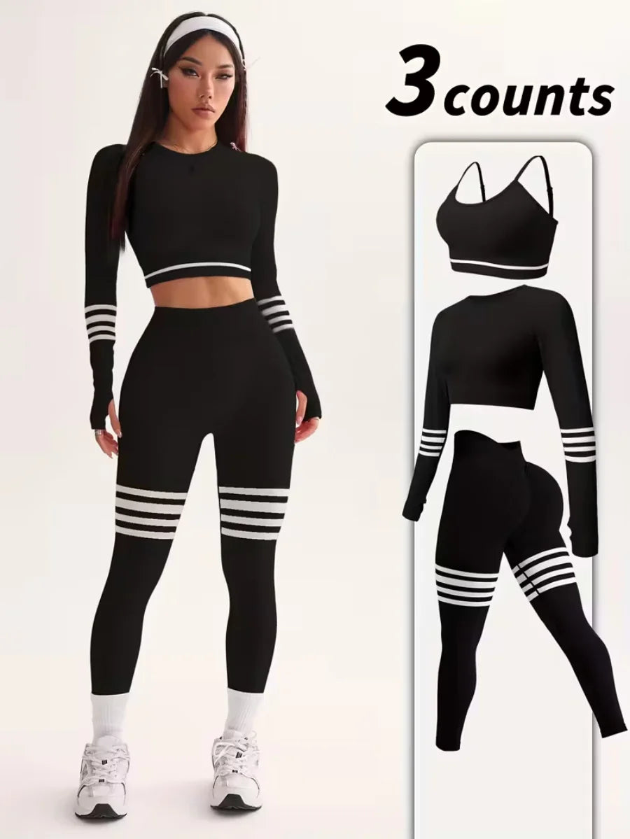 3-Piece Women's Y2K Striped Tracksuit: Crop Top+Leggings+Bra, Slim Gym/Streetwear