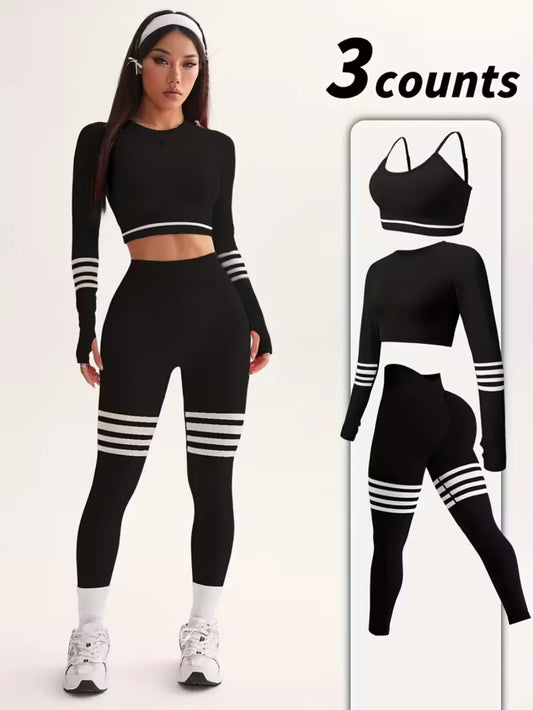 3-Piece Women's Y2K Striped Tracksuit: Crop Top+Leggings+Bra, Slim Gym/Streetwear