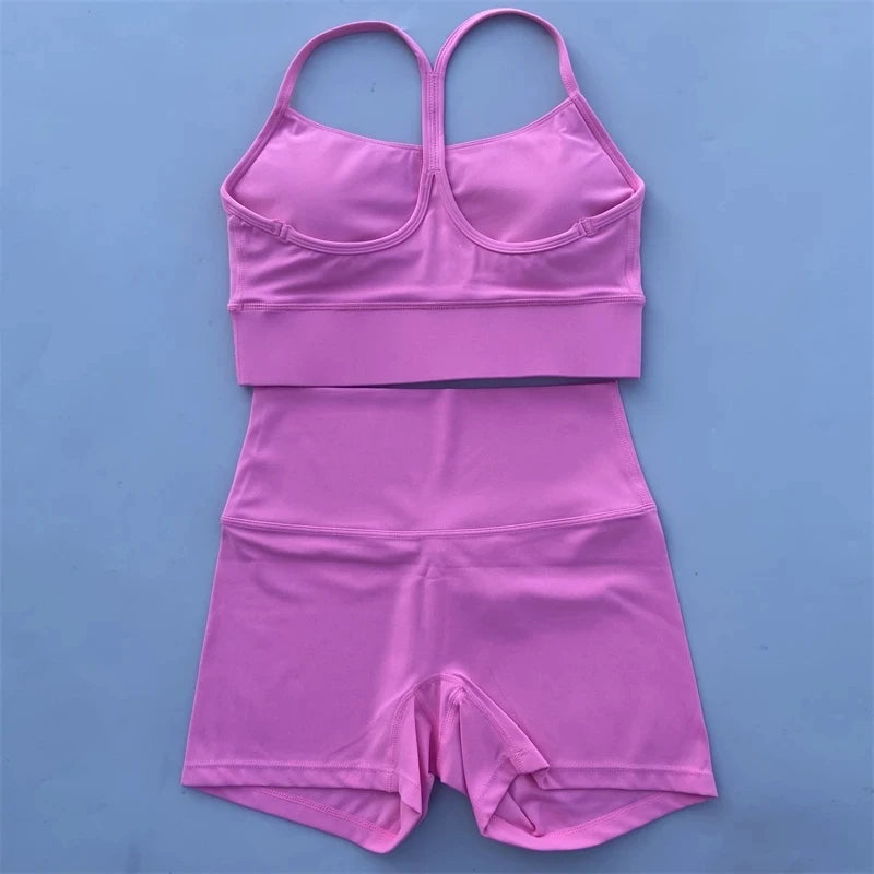 Solid Color gym bike Yoga Set short Legging +cross Y sport bra Tracksuit  Athletic Women Gym Suit Comprehensive Training Jogging