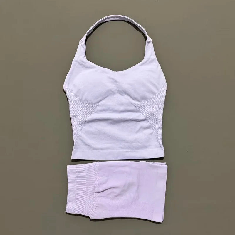 2 Pic Histello Sports Set Women Neck Halter Shockproof Longline Strappy Top Workout Scrunch Shorts Sets Fitness Clothes Gym Suit