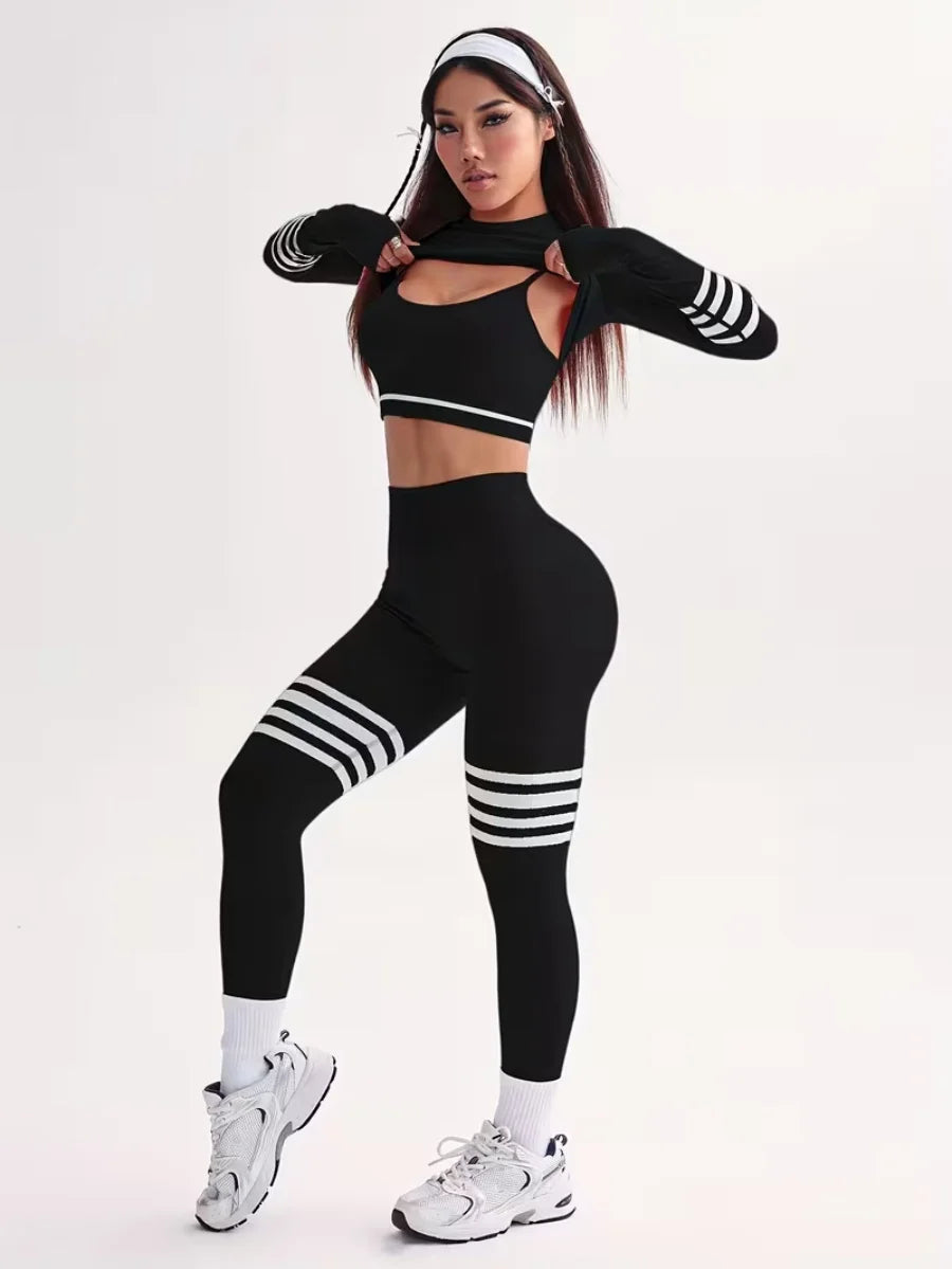 3-Piece Women's Y2K Striped Tracksuit: Crop Top+Leggings+Bra, Slim Gym/Streetwear