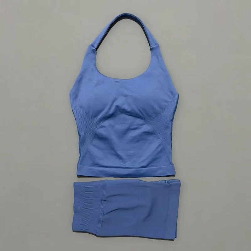 2 Pic Histello Sports Set Women Neck Halter Shockproof Longline Strappy Top Workout Scrunch Shorts Sets Fitness Clothes Gym Suit