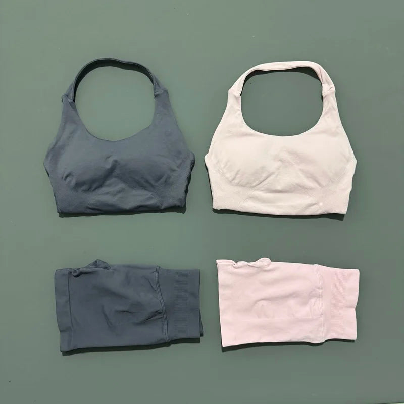 2 Pic Histello Sports Set Women Neck Halter Shockproof Longline Strappy Top Workout Scrunch Shorts Sets Fitness Clothes Gym Suit