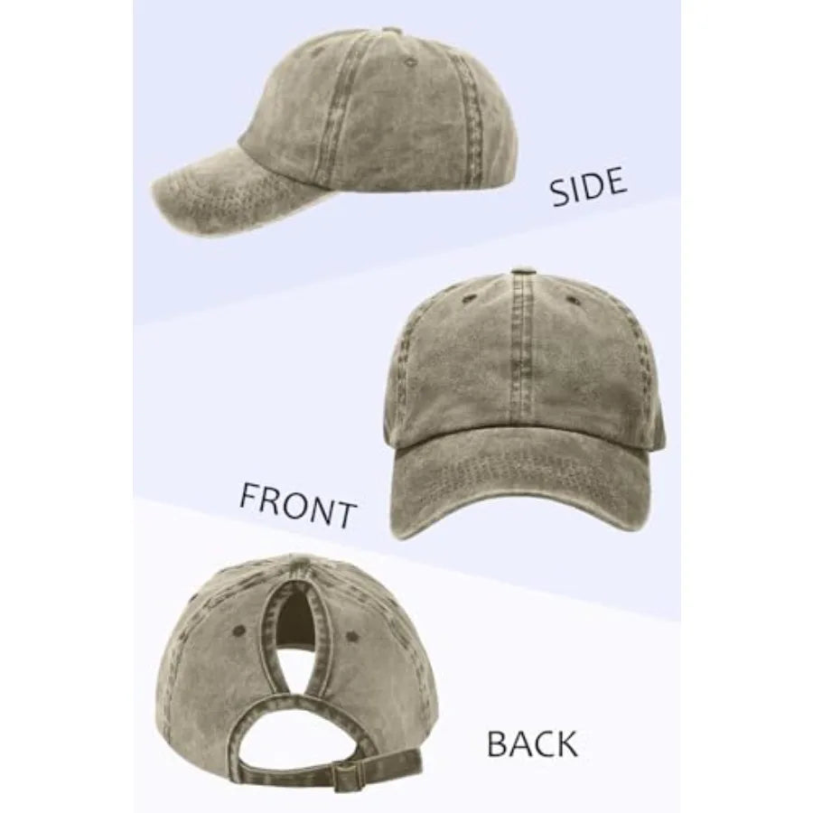 Womens Vintage Washed Distressed Baseball-Cap with Ponytail Hole Sport Golf Hat