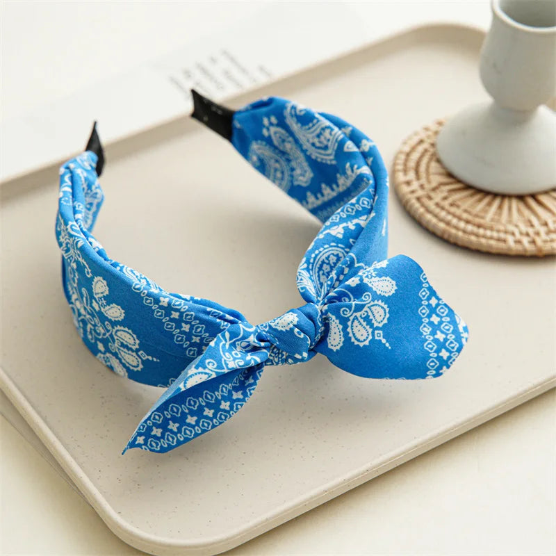 Fashion Cotton Cashew Flowers Printing Soft Wide Hairhoop Hair Accessories for Women Casual Bow Cross Ethnic Headband 2030