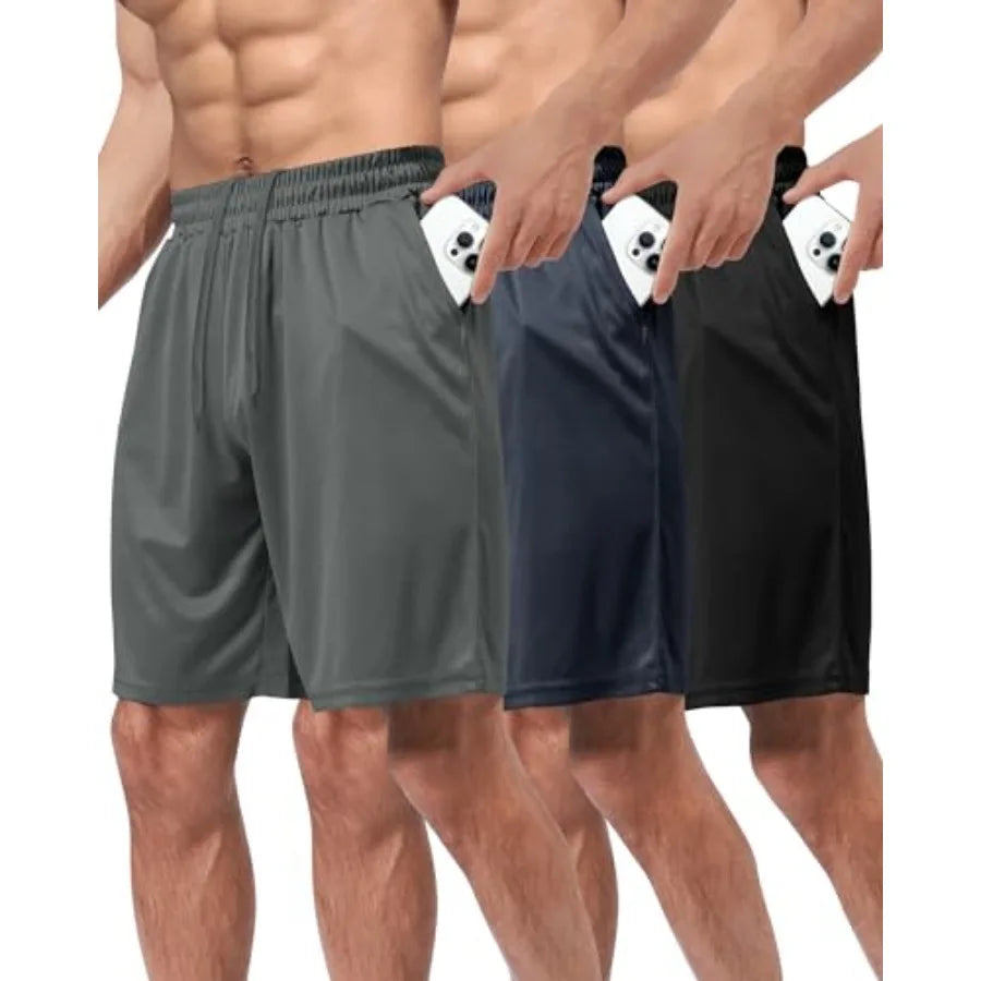 Three Pack Mens Quick Dry Athletic Basketball Shorts With Pockets