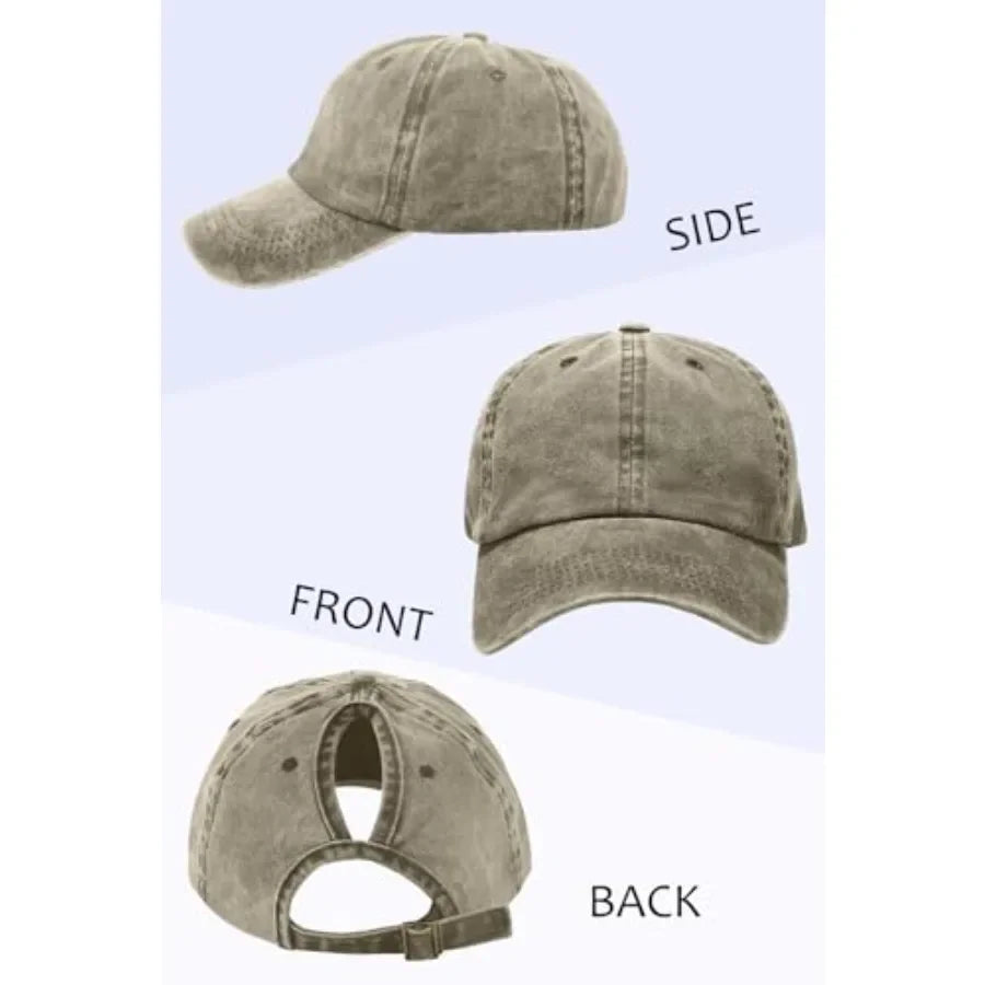 Womens Vintage Washed Distressed Baseball-Cap with Ponytail Hole Sport Golf Hat