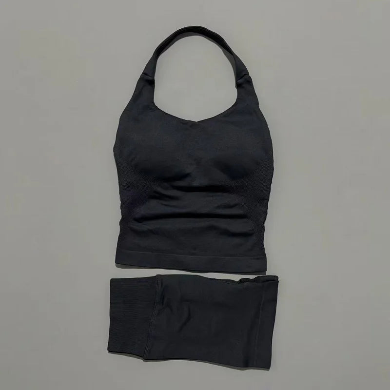 2 Pic Histello Sports Set Women Neck Halter Shockproof Longline Strappy Top Workout Scrunch Shorts Sets Fitness Clothes Gym Suit