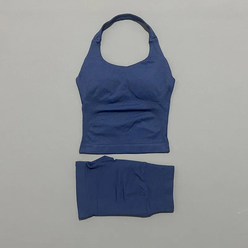 2 Pic Histello Sports Set Women Neck Halter Shockproof Longline Strappy Top Workout Scrunch Shorts Sets Fitness Clothes Gym Suit