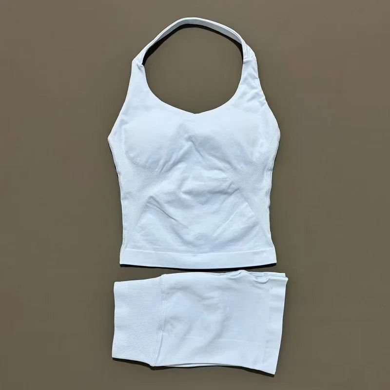 2 Pic Histello Sports Set Women Neck Halter Shockproof Longline Strappy Top Workout Scrunch Shorts Sets Fitness Clothes Gym Suit